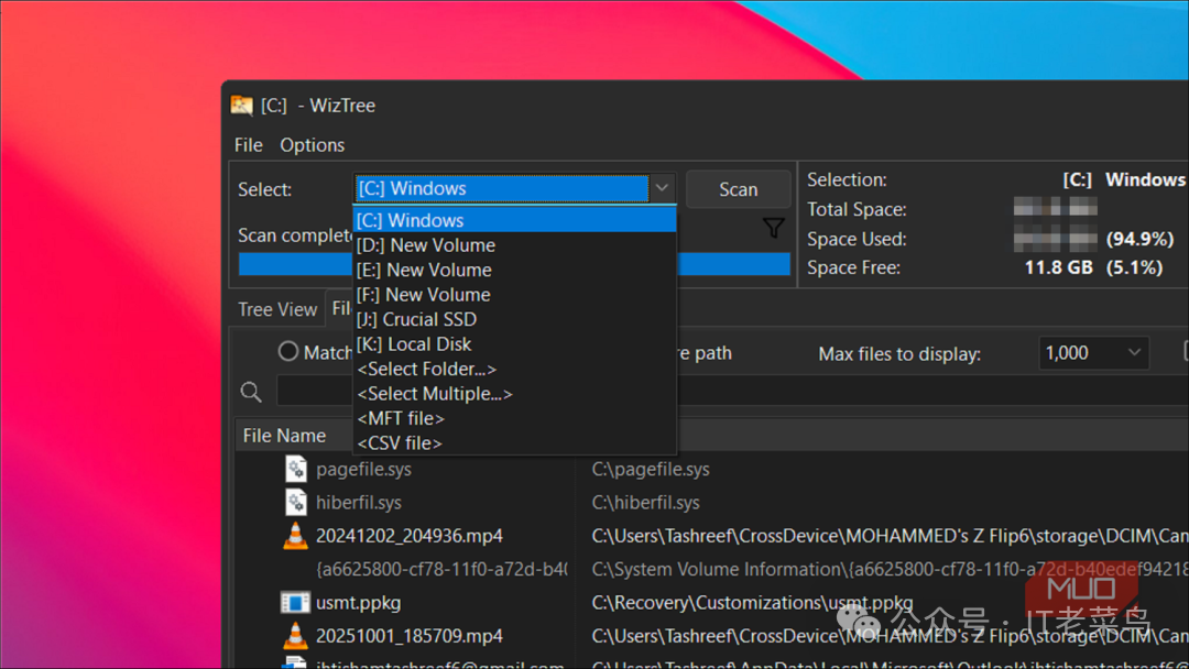 WiZtree drive selection drop-down open in Windows 11
