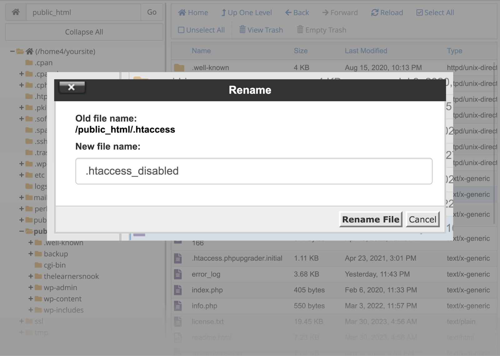 "重命名文件为 “.htaccess_disabled”"