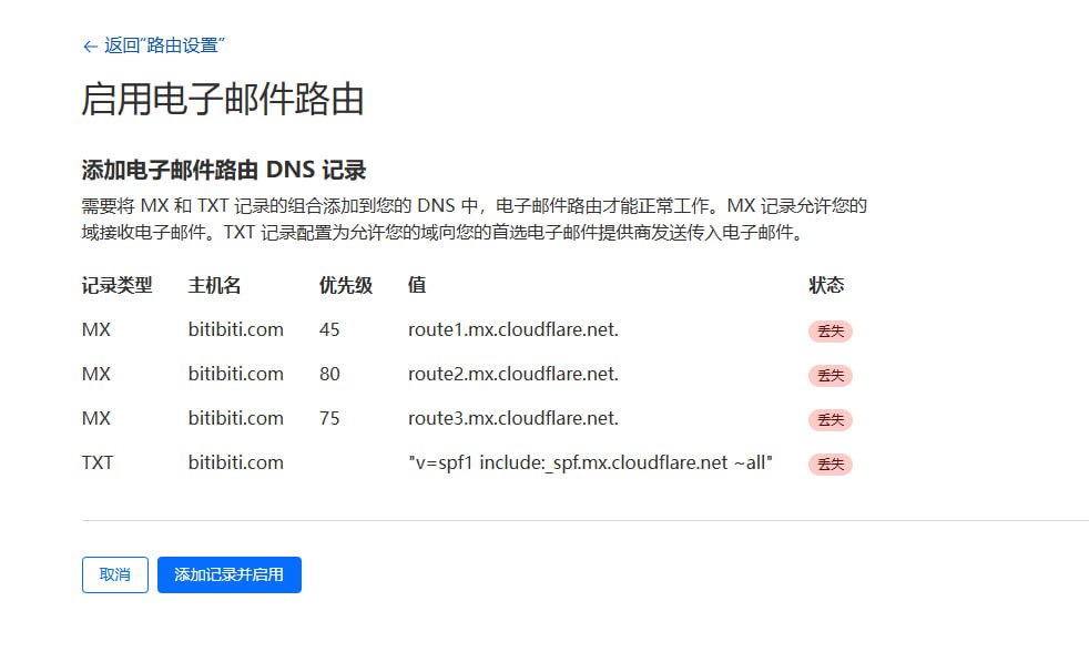 添加电子邮件路由 DNS 记录 添加电子邮件路由 DNS 记录