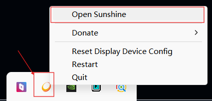 在托盘鼠标右键点击sunshine图标,再点击open sunshine即可进入sunshine网页端后台 image